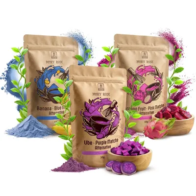 Produktbild von Mary Rose - Bunte Matcha Alternative Pulver Set 3x50g - Blue Banane, Pink Drachenfrucht, Purple Ube - Ohne Koffein, Ohne Zuckerzusatz