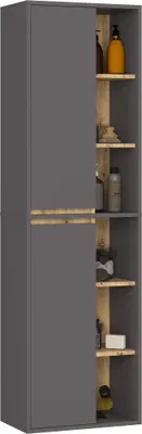 A tall, narrow cabinet with a gray exterior and open shelves with a wood-like interior, displaying various bathroom items.