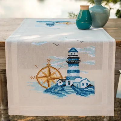Zdjęcie produktu dla Zestaw do haftu krzyżykowego „Navy” firmy Vervaco – bieżnik na stół, wzór narysowany, 40 x 100 cm