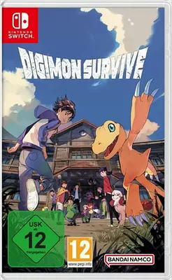 The cover art for the Nintendo Switch game Digimon Survive, featuring characters and Digimon in a scenic outdoor setting.