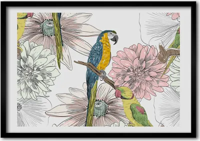 Produktbild von Bild - Bilder - Bilderrahmen - 70 cm x 50 cm - MDF-Rahmen, Wandkunst Papageien und Blumen