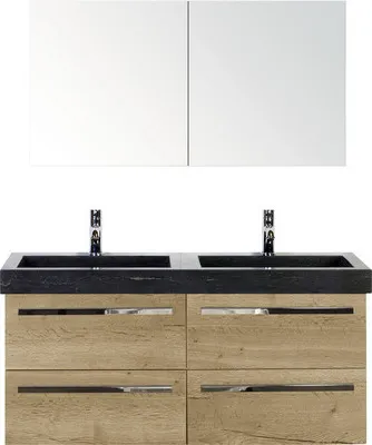 Produktbild von Sanox Badmöbel-Set Seville BxHxT 121 x 170 x 45,5 cm Frontfarbe eiche natur mit Waschtisch Naturstein schwarz, Waschbeck
