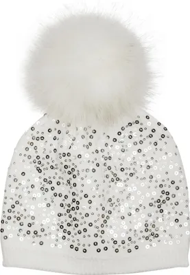 Produktbild von styleBREAKER Feinstrick Bommelmütze mit Pailletten und abnehmbarem Kunstfell Bommel, Fellbommel Mütze, Damen 04024134