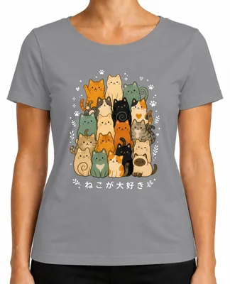 Zdjęcie produktu dla T-shirt damski, kolor szary, rozmiar S. Motyw: koty, styl kawaii, anime, Japonia, lata 2000