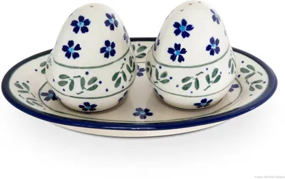 Produktbild von Original Bunzlauer Keramik Salzstreuer und Pfefferstreuer Set 3-teilig mit Unterschale im Design 163a
