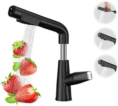 Immagine prodotto di Rubinetto da cucina nero Unyqoos® con doccetta estraibile da 70 cm, miscelatore in Vetroceramica, corpo in acciaio inossidabile e ottone massiccio, rotazione a 360°