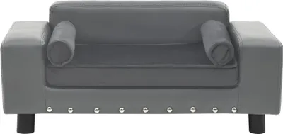A gray dog sofa is shown from the front on a white background.