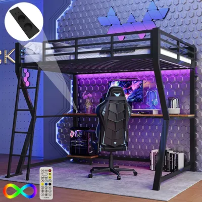 Zdjęcie produktu dla Łóżko loftowe Sweiko 90x200cm, oświetlenie otoczenia, półka na konsolę komputerową, biurko, gniazdko+USB, barierka, schody, bez materaca, czarne