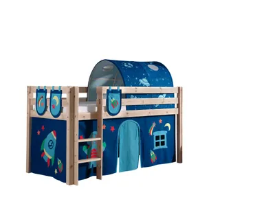 Produktbild von Vipack Spielbett Pino, Liegefläche 90x200 cm mit Textilset Vorhang, Tunnel und 3 Taschen "Astro"