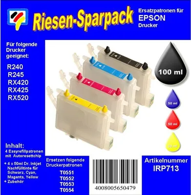 Produktbild von CISS / Easyrefill T0551-T0554 Multipack mit 4 Patronen und 250ml Dr.Inkjet Premium Nachfülltinte