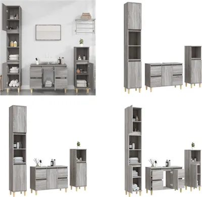 Produktbild von vidaXL 3 tlg. Badmöbel Set Grau Sonoma Holzwerkstoff - Badmöbel Set - Badmöbel Sets - Badezimmerschrank - Badezimmermöbel