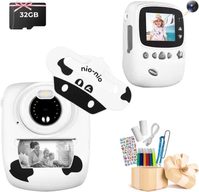 Produktbild von ZELURXX 32GB Kinderkamera, 2,4 Zoll, 30 MP, Doppelte Kamera, Selfiespiegel, mit Aufkleber, Sofortbildkamera, Geschenke für Kinder, Weiß