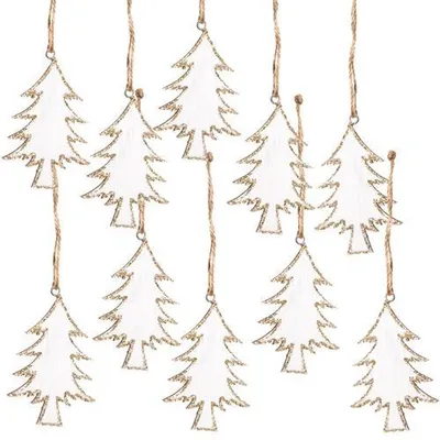 Produktbild von 10 Weihnachtsanhänger Tannenbaum Holz weiß Gold Glitzer Geschenkanhänger 8 cm