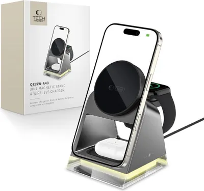 Produktbild von Tech-Protect Qi15W-A43 3In1 Magnetisches Magsafe Drahtloses Ladegerät Schwarz
