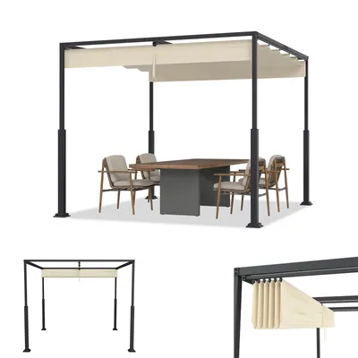 Image de ACXIN Pavillon pergola 3x3 m avec structure en acier stable et toit coulissant de haute qualité en polyester enduit de PA, abri de terrasse indépendant, idéal pour l'extérieur (Beige)