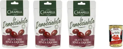 Produktbild von 3x Carapelli Olive Entsteinte schwarze Oliven 70gr + Italian Gourmet polpa 400g