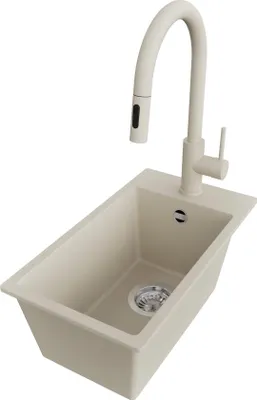 Produktbild von PRIMAGRAN Granitspüle Beige 28x50cm, Spülbecken 1 Becken + Küchenarmatur 40x20cm + Ablauf-Set, Küchenspüle ab 30er Unterschrank - Riga