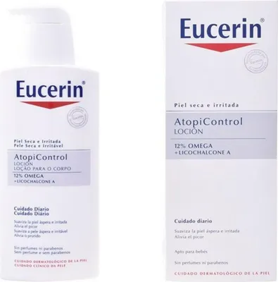 A product shot of Eucerin AtopiControl lotion and its packaging.