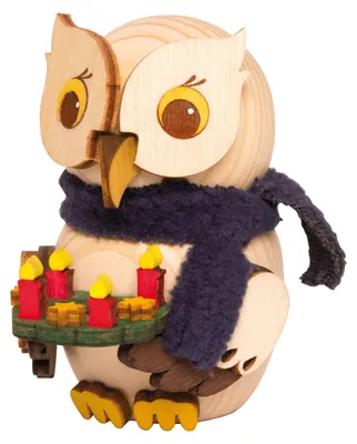 Produktbild von Drechslerei Kuhnert - Mini-Eulen aus Holz - mit Adventskranz - ca. 7 cm groß - als Dekoration oder Geschenk geeignet