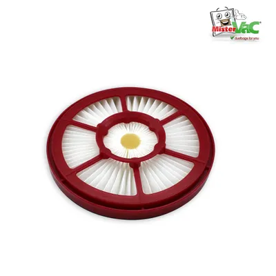 A round, pleated filter with a red plastic frame, photographed from a slightly elevated angle on a white background.