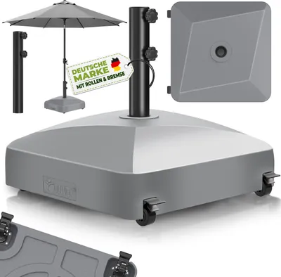 Immagine prodotto di tillvex® Supporto per ombrellone GRAVIA con rotelle e freni Grigio | Supporto per ombrellone riempibile 37 litri / 56 kg | Peso ombrellone e ombrellone da mercato Ø 1,8-3,7 m | Supporto per ombrellone a braccio laterale resistente alle intemperie