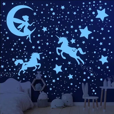 Productafbeelding van Wandstickers Luminous Stars, 585 stuks, eenhoorn, zelfklevend, fluorescerend, voor meisjeskamer