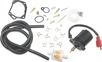 A collection of motorcycle carburetor repair kit parts laid out on a white background.