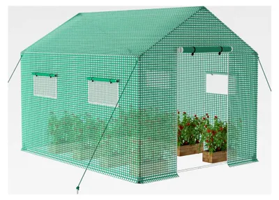 Produktbild von Foliengewächshaus, 6㎡ Treibhaus Folientunnel mit Gitternetzfenster und Tür, winterfestes Tomatenhaus inkl. Erdanker und Seilen, 300x200x200 cm