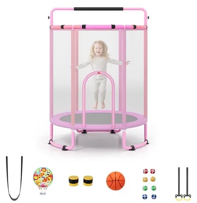 Immagine prodotto di KOMFOTTEU, trampolino per bambini, 154 cm. Trampolino per bambini con altalena, sbarra per esercizi, anelli, bersaglio e canestro da basket. Trampolino per bambini piccoli con basket e palloni, adatto a bambini dai 3 anni in su, da utilizzare sia all'interno che all'esterno