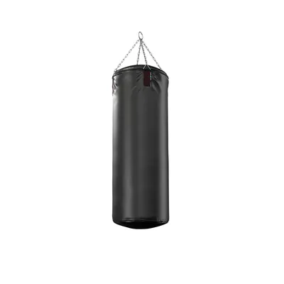 A black punching bag is suspended by chains against a white background.
