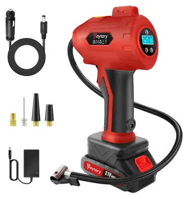 Immagine prodotto di Pompa per pneumatici - Compressore d'aria senza fili - Fino a 180 PSI - Manometro digitale - Potente 500 W, 21 V - Batteria agli ioni di litio da 150.000 mAh - Per auto, moto, biciclette - Rosso