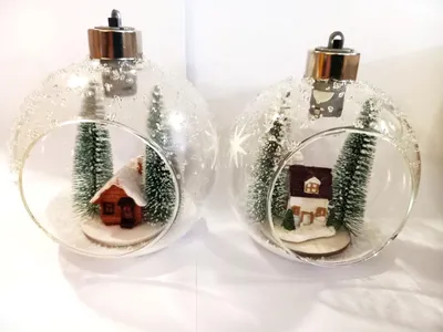Produktbild von 2 Stück im Set Winterkugel Weihnachtskugel Deko-Kugel mit LED-Licht + Timer 10cm aus klarem Glas