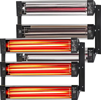 Four infrared heaters are mounted on black brackets against a white background.