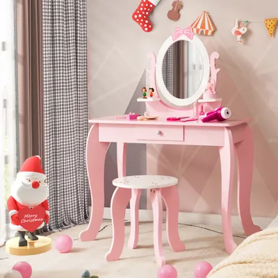 Produktbild von COSTWAY Schminktisch-Set für Kinder, 2-in-1 Kinder Schreibtisch aus Holz mit Hocker, ovalem drehbarem Spiegel, Schublade, Frisiertisch & Stuhl für Mädchen von 3–7 Jahren