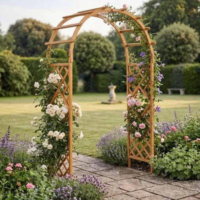 Immagine prodotto di Arco per rose HWC-Q20, graticcio, spalliera per rose, supporto per rampicanti, arco da giardino in legno ® 210x126x60 cm ~ naturale