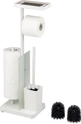 Produktbild von eluno Stand-WC-Garnitur 4in1, freistehende Toilettengarnitur inklusive WC-Bürste, 2 Ersatzbürstenköpfe, (Ersatz-) Rollenhalter für 3 Rollen, Ablage, satiniertes Glas und Metall, in weiß