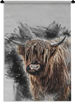 Produktbild von MuchoWow® Wandteppich Wandbehang Schottischer Highlander - Schwarz - Tiere 90x135 cm Tapisserie Dekoration Wandtuch - Baumwolle - Wandskulptur