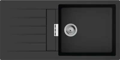 A top-down view of a black kitchen sink with a draining board.