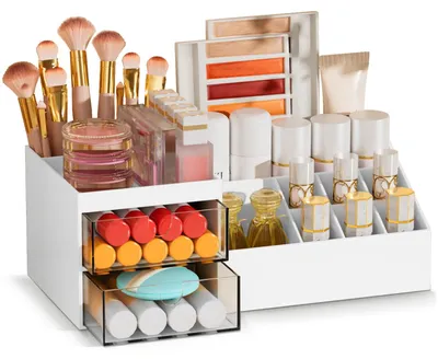 Produktbild von Schminkorganizer mit Schubladen, multifunktionaler Organizer für den Schminktisch, praktischer Stauraum für Schminkpinsel und Wattepads, Schreibtisch-Organizer für Make-up und Hautpflege, weiß