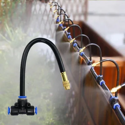 Immagine prodotto di Sistema di irrigazione del giardino, kit di irrigazione di raffreddamento della nebbia della curva libera con 10 ugelli della nebbia e tubo flessibile di 10M, irrigazione a goccia irrigazione del giardino acqua di raffreddamento dell'acqua spruzzatore