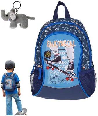 Produktbild von Kinderrucksack Jungen Rucksack für Kinder ab 4 Jahre Kindertasche Tasche Reise Kindergepäck Fabrizio Skateboard Pro Außentaschen 20652 Blau + Elefant