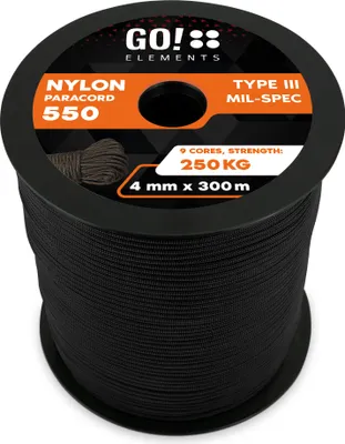 Produktbild von GO!elements 300m Paracord Seil aus reißfester Nylonschnur - 4mm Paracord 550 Typ III Schnur - geeignet als Allzweckseil & Reepschnur - Max. 250kg, Farbe: Schwarz