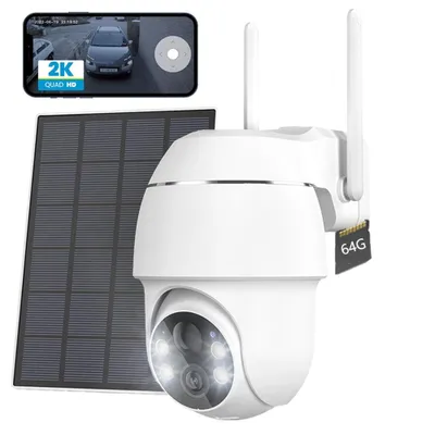 Image de caméra de surveillance 2K Extérieur Batterie avec panneau solaire WLAN 360° pivotant Caméra de surveillance sans fil PIR Détecteur de mouvement Vision nocturne en couleur avec 64G