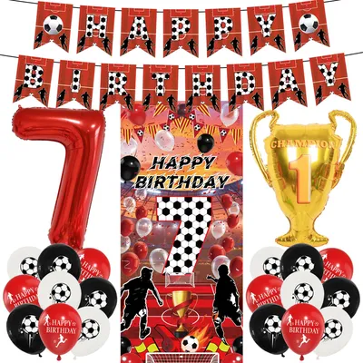 Produktbild von Fußball Party Dekoration - 23-teiliges Set mit Happy Birthday Banner, Trophäen-Folienballon und Ballon Nummer 7 - Rot