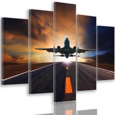 Produktbild von 5-teiliges leinwandbild flugzeug 100x70 cm Feeby braun wandbild bereit zum aufhängen