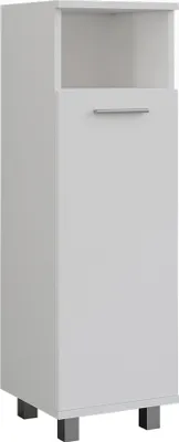A white cabinet with a handle and an open shelf at the top, standing on four metal legs.