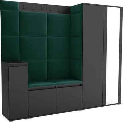 Produktbild von Garderoben-Set Noris VIII mit Spiegel, gepolsterte Garderobe 145 cm mit Schuhkommode, Wandpaneelen und Sitzbank (Farbe: Schwarz+ Trinity 28)