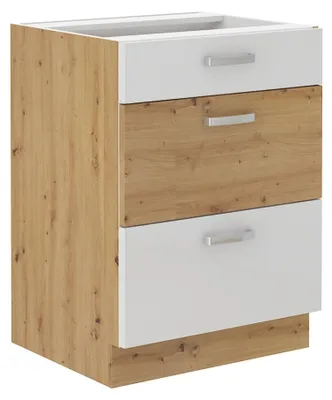 Produktbild von Küchen Unterschrank 60 cm Eiche Artisan + Weiß Hochglanz Vollauszug Soft-Close