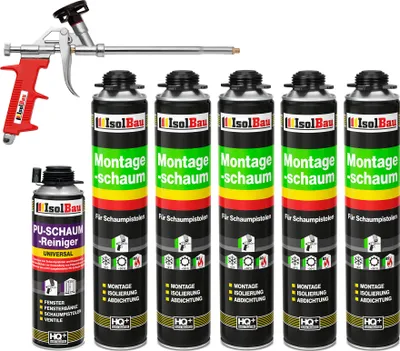 Produktbild von Isolbau Bauschaum-Set - Inkl. 5x 1K Montageschaum Pistolenschaum (je 750 ml), 1x Schaum-Pistole & 1xPU-Schaum-Reiniger (500 ml)