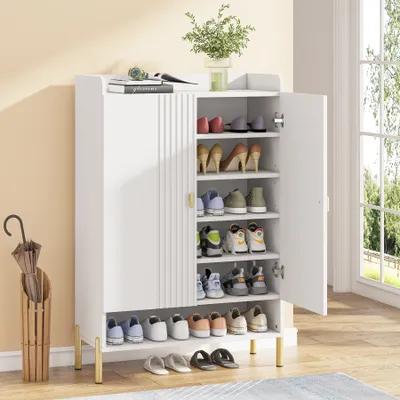 Produktbild von LITTLE TREE szafka na buty, półka na buty 6 poziomów, półka na buty z regulacją wysokości, wolnostojąca komoda na buty z drzwiami, biała